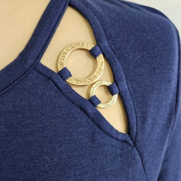 MICHAEL Michaek Kors Top Womens Small Gold Toned Shoulder Cutout Blue Cotton - Picture 6 of 13